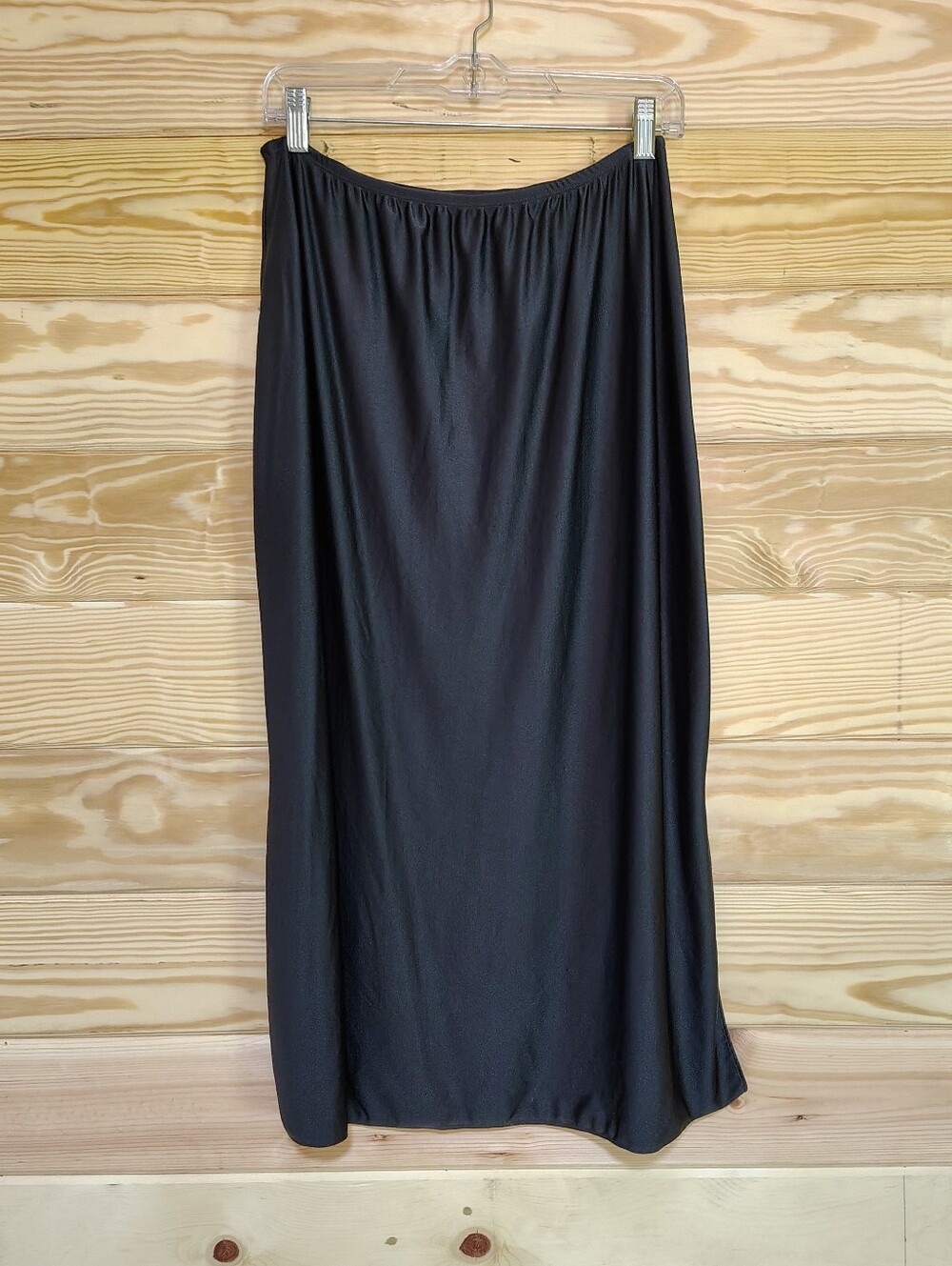 Delicates Black Stretch Midi Slip Skirt Side Slit Size Large Witchy Whimsigoth